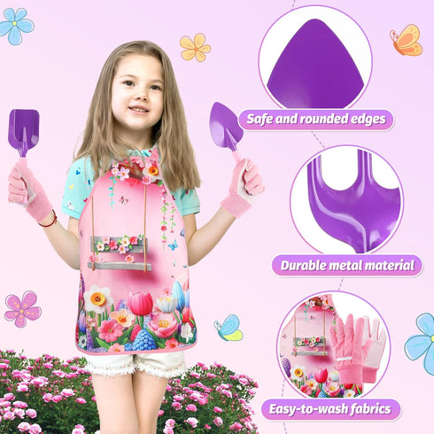 Kids Gardening Tool Set - Garden Tools with Shovel, Trowel, Rake, Apron, Gloves, Watering Can, Tote Bag (Pink)