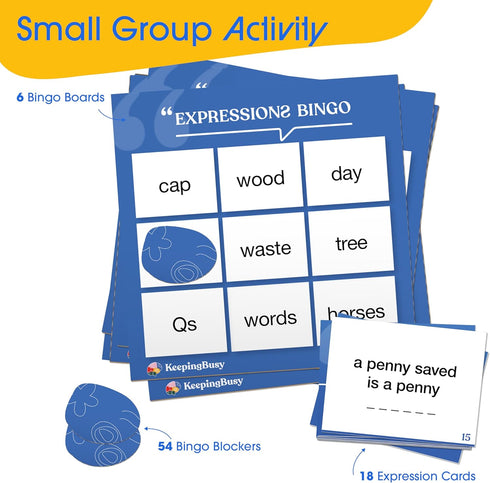 Keeping Busy Expressions Bingo - Dementia Activities for Seniors, Cards, Chips & 6 Boards for Patients