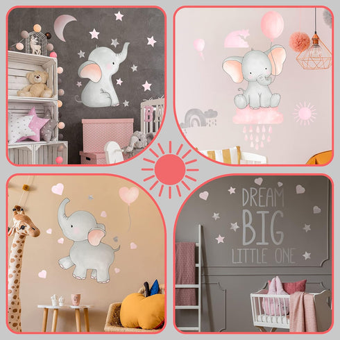 Outus 7 Pcs Dream Big Little One Elephant Nursery Wall Stickers Wall Decor Baby Room Moon Hot Air Balloon Pink Grey