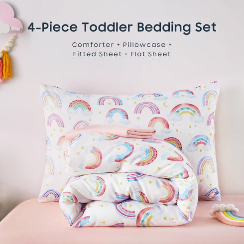 Set 4 Set Wake In Cloud - Rainbow Toddler Bedding for Girls, Cute Colorful Pastel Rainbow with Clouds, Pieces Soft Crib