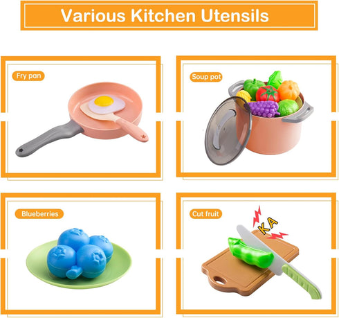 35Pcs Kids Kitchen Toy Accessories, Toddler Pretend Cooking Playset with Pots, Pans, and Food Set