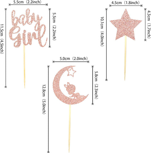 24 PCS Rose Gold Baby Girl Cupcake Toppers with Moon Star Glitter for Birthday Party Cake Decorations