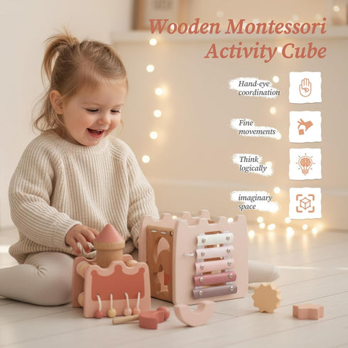 3-5 Wooden Montessori Activity Cube for Preschoolers Multi-Sensory Learning Toy, Educational and Screen-Free Birthday