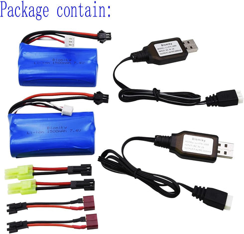 Blomiky 2 Pack H101 7.4V 2S 15C 1500mAh Battery with SM 2P Plug and USB Charger Cable for H101 Remote Control RC Boat