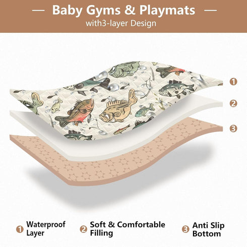 KICPOAY 50 50 Baby Play Mat Vintage Bass Fishes x Playpen Mats for Floor Play Gym Crawling Mat Non-Slip Cushioned Baby