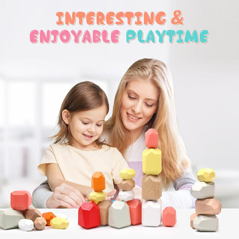 36PCS 3 4 5 3-5 Wooden Stacking Rocks Building Blocks, Montessori Toys for year old Stacking Game Sensory Preschool