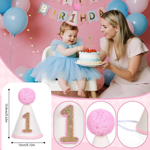 DESGLITAIR 0-12 Baby First Birthday Party Decorations Pink High Chair Banner Crown Cake Topper Months Potho Banner