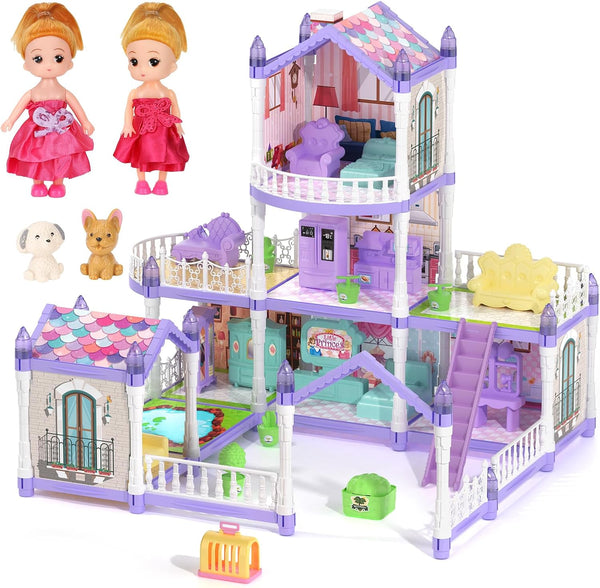 randhar Lilac Purple Doll House for Girls, Dream Dollhouse 9 Rooms with 2