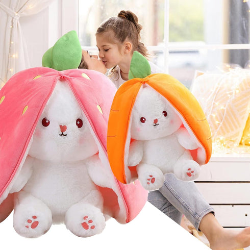 2PCS Reversible Plush Toy Pillow, Cute Carrot Strawberry Bunny Plush with Zipper, 7" Birthday Gift for Kids