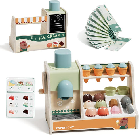 Set Counter 3+ TOP BRIGHT Wooden Ice Cream Pretend Play Toys, Play Kitchen for Kids with Ice Cream & Scoop & Menu