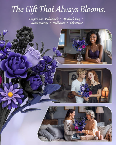 Set, Set Purple Rose Bouquet Building Artificial Floral Building Toys for Gothic Home Decor, Ideal Gift for Halloween