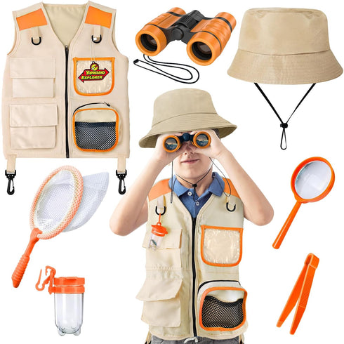 Kids Explore Kit & Bug Catcher Kit, Outdoor Exploration Set with Safari Vest & Hat, Ideal Camping Adventure Toys