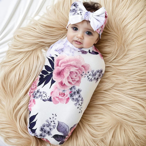 Galabloomer Newborn Receiving Blanket and Headband Set, Baby Flower Swaddle for Infants