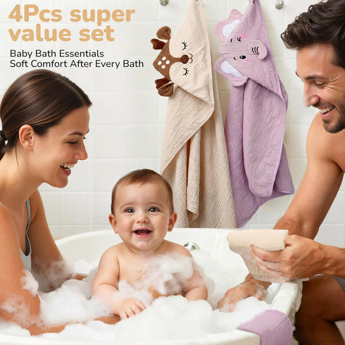4 Set, 100% 2 32x32 Inch 2 PCS Muslin Baby Bath Towels Cotton PCS Animal Hooded Baby Towels & PCS Washcloths, Ultra