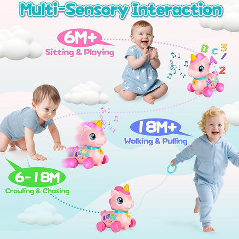 WixbFyn 6-12-18 Tummy Baby Unicorn Toy Months with Music & Lights Explore Bilingual Educational For Toddler Sensory
