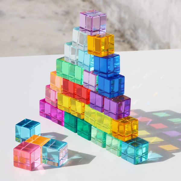 Rainbow Crystal Acrylic Cubes, Children Learning Color Light Shadow Toy, 32PCS Stacking Gem Blocks