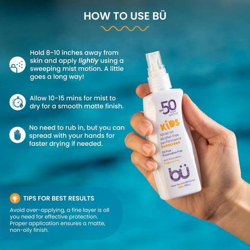 50 3.3 oz 1 oz (2-Piece BU SPF Fragrance Free Kids Sunscreen Spray for Face and Body, TSA Travel Size Sunscreen, Clear