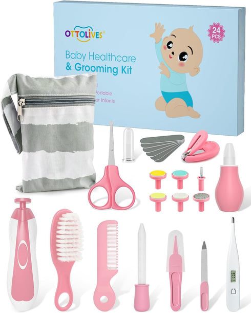OTTOLIVES 24 in 1 Baby Healthcare and Grooming Kit - Electric Nail Trimmer Set for Newborns and Toddlers (Pink)