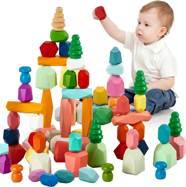 MEGRANATE 58PCS Montessori Wooden Stacking Rocks Toys Colorful Stacking Stones Building Blocks Games
