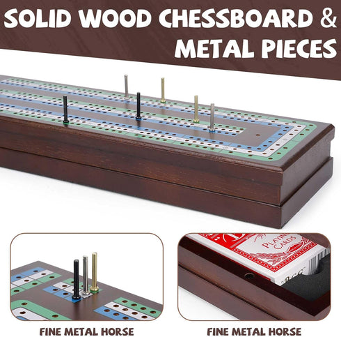 Set, Sets Wooden Cribbage Board Game Premium Wooden Board with Magnetic Lock and Metal Pegs, Strategy Card Game
