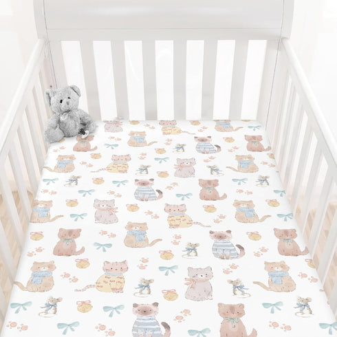 Cstdyfrv 52''x28'' Cute Cats Mouse Baby Boys Girls Crib Sheets Pastel Kittens Paws Bows Bells Toddler Bed Sheets Cats