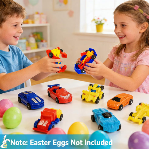 28 Pack 14 Easter Basket Stuffers, Transforming Car Robot Toys Easter Gifts for Kids Classroom Exchange Style Mini