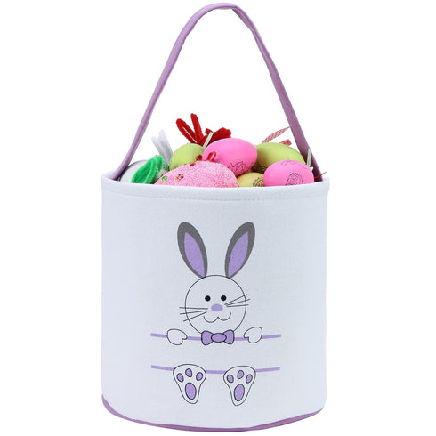 Easter Bunny Personalized Canvas Cotton Egg Bags for Kids, Rabbit Print Buckets with Fluffy Tail Gifts