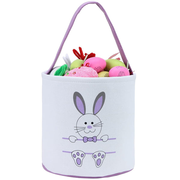 Easter Bunny Personalized Canvas Cotton Egg Bags for Kids, Rabbit Print Buckets with Fluffy Tail Gifts