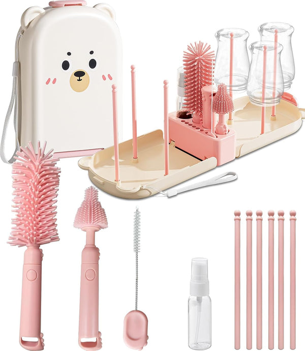 Pink Travel Baby Bottle Cleaner Kit 6-in-1 Portable Brush Set with Drying