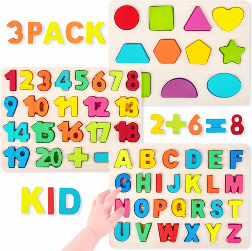 Wooden Puzzles for Toddlers, 3 in 1 Alphabet and Number Shape Puzzle, Educational Learning Toys Set of 3