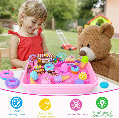 2.2lbs 3-8 Play Sand Kit for Girls, Ice Cream Sensory Bin Sandbox, Creative Bake Shop with Magic Sand, Ice Cream & Cake