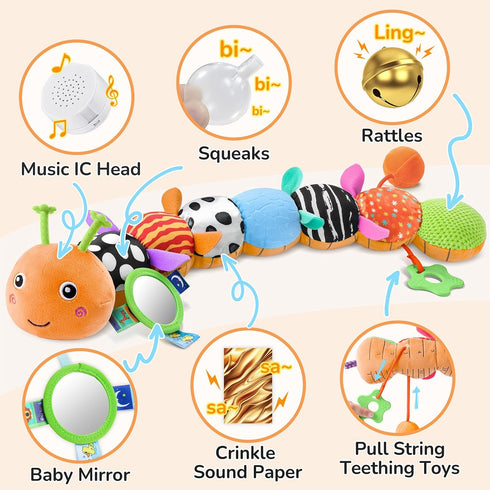 Baby Toys Musical Caterpillar Interactive Multicolored Infant Toy Crinkle Rattle Soft with Ring Bell Stuffed Cuddly