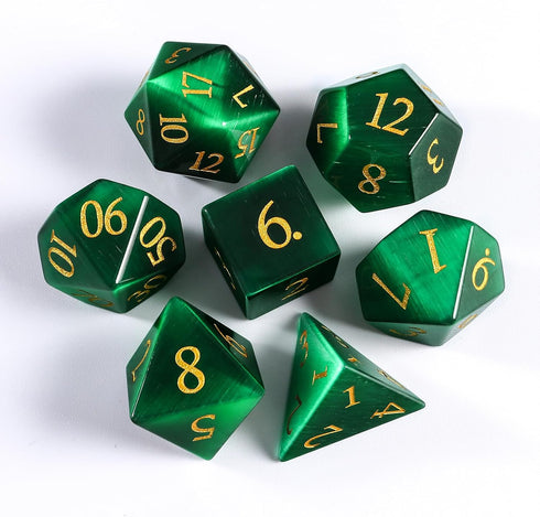 Cat's Eye Gemstone Dice Set - 7 Pcs Green Dice Set with Box for Dungeon and Dragon Dice Games.