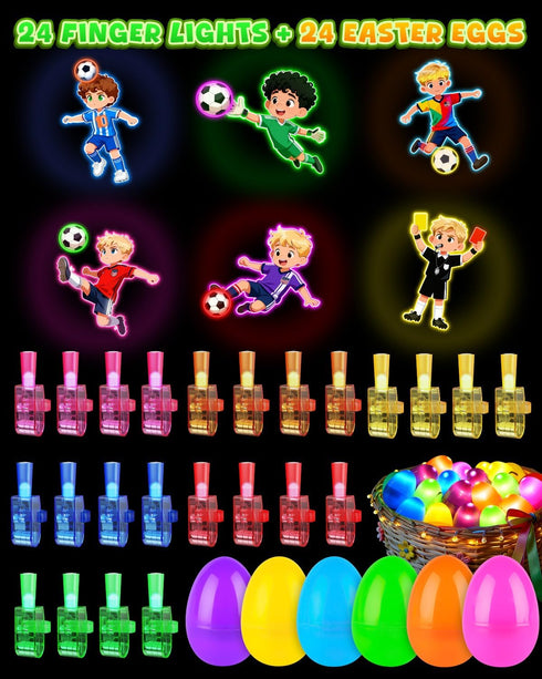24 Pack CPSYUB Easter Egg Fillers for Kids, Glow in the Dark LED Finger Lights Easter Toys with Football Pattern