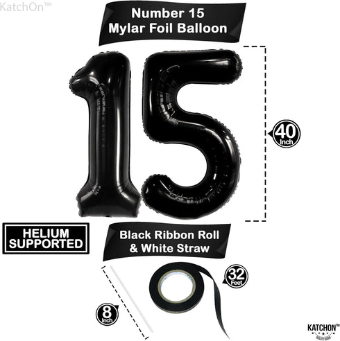 KatchOn Giant Black 15 Balloons Number - 40 Inch Happy 15th Birthday Decorations for Boys, 15 Birthday Balloons