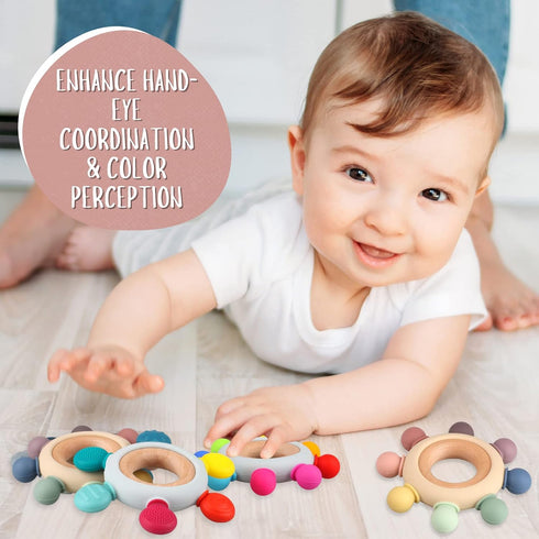 Baby Teething Toys, Silicone Chewable Teethers with Wooden Ring for Soothing Gums, Rudder Chewers Shower Gift for