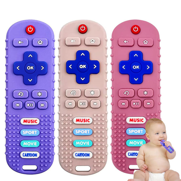 3 Pack Baby Teether Toys - TV Remote Control Shape Silicone Teething Toys for Babies 6-12 Months (Pink&Khaki&Purple)