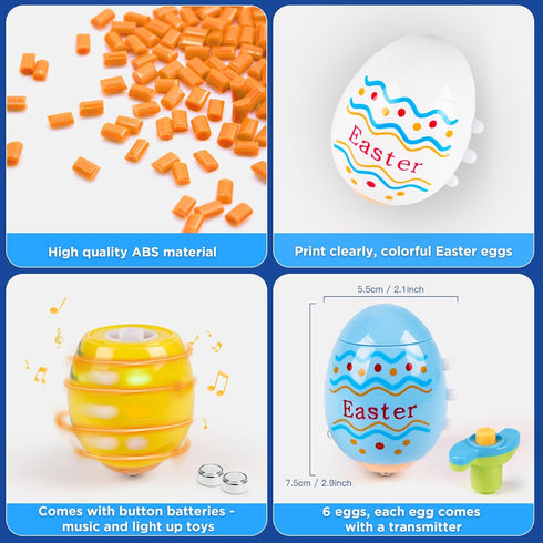 6-Pack 3+ TERRAMUS Easter Eggs Toys, Light Up Easter Basket Stuffers, Lighting, Singing, Spinning Tops, Party Favors