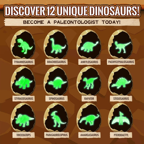 VICHTOP 12Pack 3 4 5 6 7 8 Dinosaur Egg Excavation Dig Kit for Kids - Easter Basket Stuffers, Glow in The Dark Dino