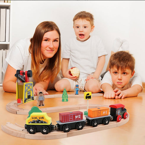 Set 39 5 3,4,5 Set Qilay Wooden Train for Toddler - Pcs Wood Train Tracks with Crane, Bridge & Wooden Trains - Train