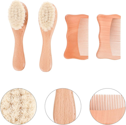 LOLIPPYY Set 4pcs Set Hair Comb and Woolen Brush for Infants, Beech Wood Scalp Grooming Kit with Soft Bristle Brushes