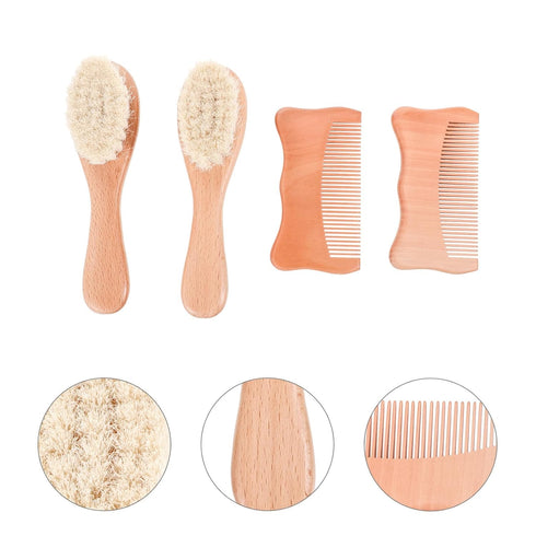 Set 4pcs Woolen Hair Brush and Wooden Comb for Scalp Care, Beech Wood Material, Soft Wool Bristles, Gentle Grooming Kit