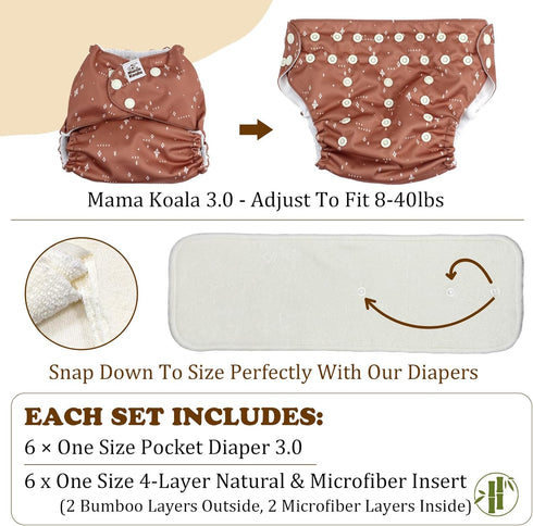 3.0 6 Pack 6 4-Layer Mama Koala Pocket Cloth Diapers for Babies with AWJ Lining, with Natural Cloth Diaper Inserts