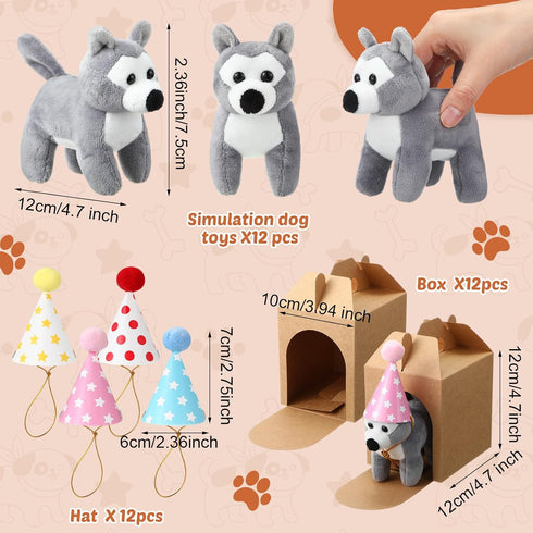 12 Set Mini Plush Toy Stuffed Animals: Adopt a Dog Set with 12 Pcs Stuffed Dogs, Boxes & Birthday Hats