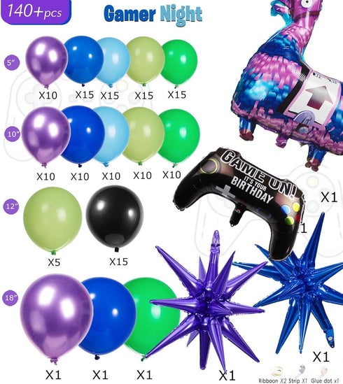 Video Game Balloon Garland Arch Kit - 140pcs Purple Blue Green Black Balloons with DIY Star Controller Mylar Balloon