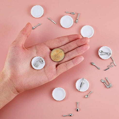 8 1: 12 12 Set Skylety Pieces Scale Minature Dollhouse Accessories Mini House Plates and Spoons Knives Forks Metal
