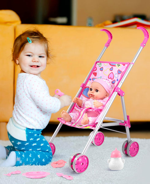 Playset 12-inch 1-6, 12" GAGAKU Baby Doll Stroller with Doll & Accessories, Foldable Lightweight Toy Stroller