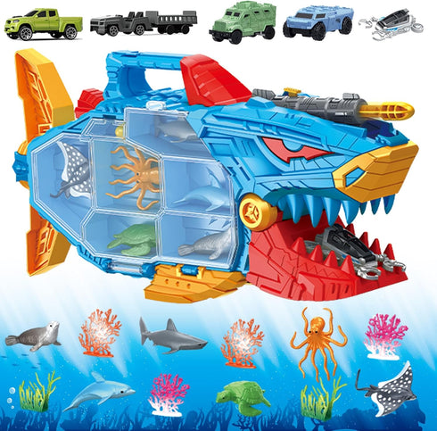 Shark Toy & Deep Sea Creatures Ocean Animal Toys with Truck Cars,