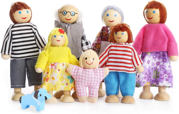 Lovely Happy Family Dolls Playset, Wooden Figures Set of 7 People with Dog for Kids Children Toddlers Dollhouse Pretend