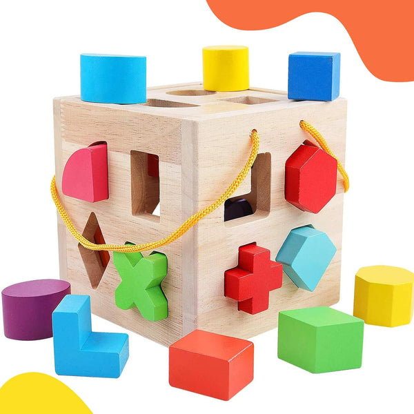 QZMTOY Shape Sorter Toys with 19 Shape Blocks, Classic Wooden Toys for
